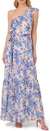 Adrianna Papell Metallic Ruffle One-Shoulder Maxi Cocktail Dress in Champagne/Blue Multi at Nordstrom Rack, Size 14