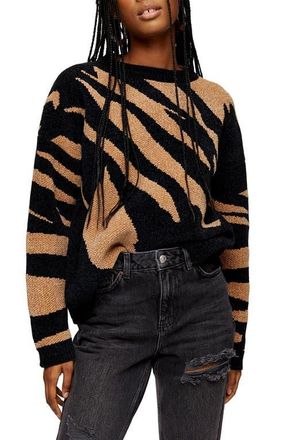 Topshop Abstract Stripe Chenille Sweater in Black Multi at Nordstrom, Size Small