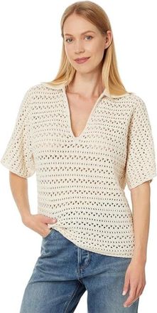 Faherty Nusa Crochet Top Womens Beige Knitted Short Sleeve Pullover FROG807