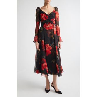 Carolina Herrera Rose Print Long Sleeve Cross Front Silk Chiffon Midi Dress in Black Multi at Nordstrom, Size 10