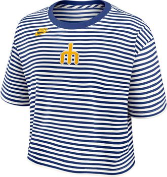 Nike Seattle Mariners Cooperstown Logo Striped Nike Womens MLB Cropped T-Shirt in Blue | 048P09EES77-YLT