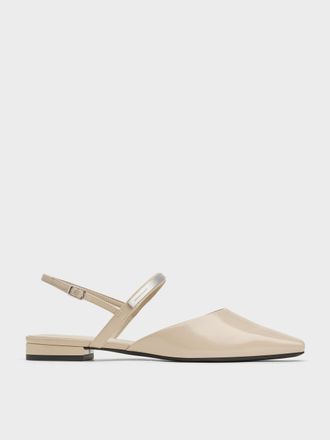 Charles & Keith Patent Metallic-Accent Square-Toe Slingback Flats