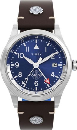 Timex x Pan Am Waterbury GMT Leather Strap Watch, 39mm in Blue at Nordstrom