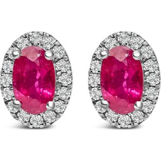 House of Brilliance 10K White Gold 5x3 MM Oval Cut Birthstone and Diamond Halo Stud Earrings in Red Ruby at Nordstrom