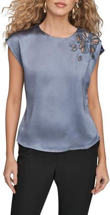 DKNY Beaded Cap Sleeve Satin Top in Tempest at Nordstrom, Size X-Large
