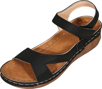 Generic Women Solid Hook Loop Casual Open Toe Comfortable Beach Walking Sandals for Everyday Summer Wear (Black, 6.5)