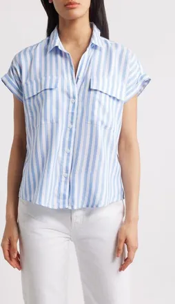Beach Lunch Lounge Kaiana Stripe Short Sleeve Button-Up Shirt in Coastal Blue at Nordstrom, Size X-Small