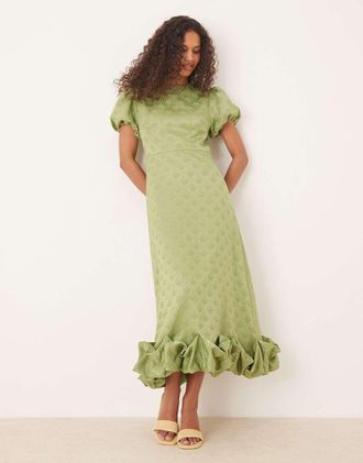 Sister Jane Sister Jane puff sleeve bubble hem maxi dress in soft olive-Green