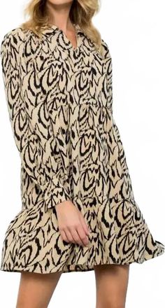 THML Clothing Long Sleeve Tiered Print Mini Dress In Beige