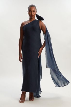 Karen Millen Womens Plus Size Bandage Figure Form Knit Woven Cape Detail Maxi Dress - Navy - Size 24 UK