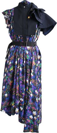 sacai Floral-Print Belted Asymmetric Midi Dress in Multicolor Polyester