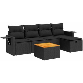 vidaXL Set De Sof&aacute;s De Jard&iacute;n 6 Piezas Y Cojines Rat&aacute;n Sint&eacute;tico Negro