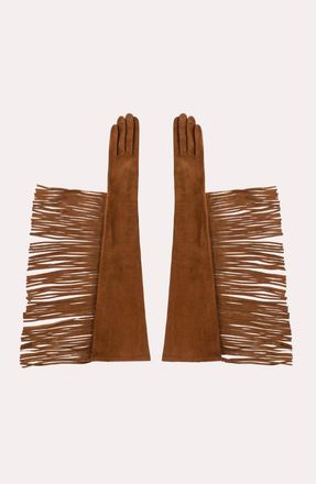 Seymoure Runway Fringe Long Leather Gloves in Bronze at Nordstrom, Size X-Small/small