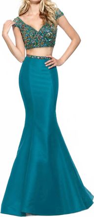 Sherri Hill Beaded Two Piece Mermaid Formal Maxi Dress In Aqua