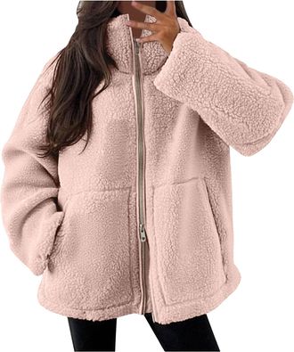 Generic Teddy Fleece Jacket Women Breathable Coats Long Sleeve Sherpa Jacket Sweatshirts Outdoor Sport Ladies Lightweight Warm Full Zip Coat Double-Cut Velvet