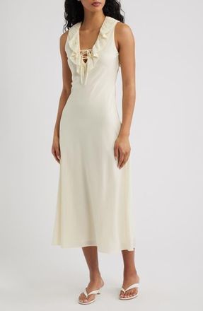 Mango Ruffled Lace Trim V-Neck Midi Dress in Vanilla at Nordstrom, Size 8