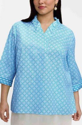 Foxcroft Tammy Geo Lattice Print Ruffle Collar Cotton Top in Blue/White at Nordstrom, Size 3X