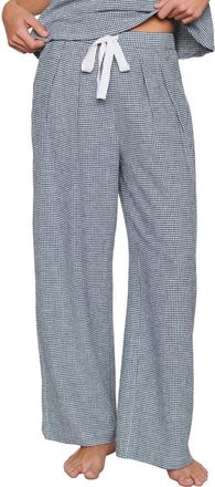 Eberjey Linen Blend Drawstring Lounge Pants in Gingham White/Navy at Nordstrom, Size X-Small