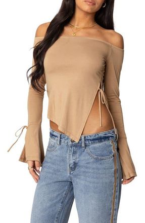 Edikted Jeni Asymmetric Side Tie Top in Brown at Nordstrom, Size Small