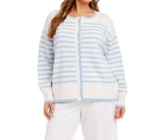 Karen Kane Stripe Cardigan Sweater - Plus In Blue With Off White