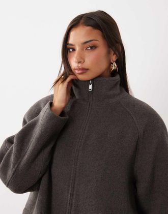 Asos giacca harrington formale con zip frontale e lana, color mocha-Marrone