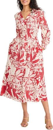 Maggy London Long Sleeve Button-Up Midi Dress in Red/Ivory at Nordstrom, Size X-Small