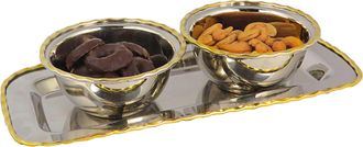 Classic Touch Rectangular Tray with 2 Round Bowls with Gold Border
