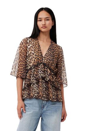 Ganni Leopard Pleated Georgette V-neck Flounce Blouse in Almond Milk Size 12 Polyester Womens