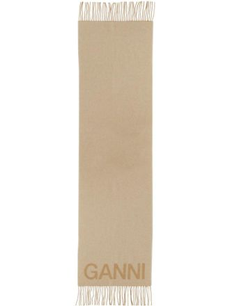 Ganni Logo-Embroidered Recycled Wool Scarf - White