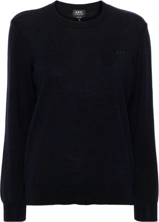 A.P.C. Blauwe wollen trui met geborduurd logo - Dames - Ronde hals truien - Blauw - S - Wol - Truien & Vesten