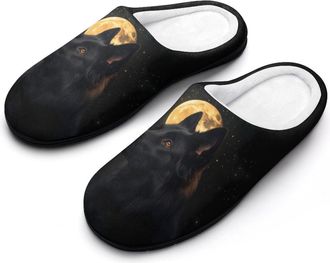 Generic Black German Shepherd Dog Moon Womens Cotton Slipper Comfortable Cozy Plush Slippers Anti-Skid Indoor House Closed Toe Shoes