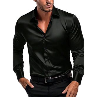 Generic Mens Dress Shirts Shiny Satin T Shirt Solid Long Sleeve Regular Fit Button Down Dress Shirt Formal Wedding Shirts Casual Business Work Blouse Dance Pa