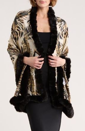 La Fiorentina Faux Fur Trim Animal Print Wrap Scarf in Leopard at Nordstrom Rack