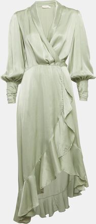Zimmermann Sage Green Satin Asymmetric Ruffled Wrap Dress
