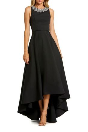 Mac Duggal Petite Crepe Embellished Neck High Low Gown in Black at Nordstrom, Size 6P