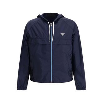 Prada Light Jackets, male, Blue, Size: XL Waterproof Hooded Jacket with Metal Plaque