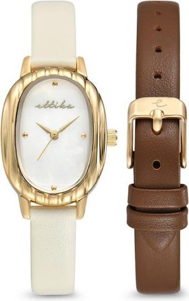 Ettika Oval Mother of Pearl Watch & Leather Strap Set in Chocolate at Nordstrom