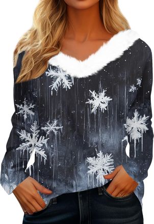 Generic Christmas Jumpers for Women Uk Furry V Neck Long Sleeve Jumpers Funny Xmas Print Sweatshirts Loose Fit Lightweight Plush Collar Sweater Soft Comfortab