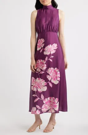 Eliza J Floral Print Sleeveless Satin Maxi Dress in Plumberry at Nordstrom, Size 10