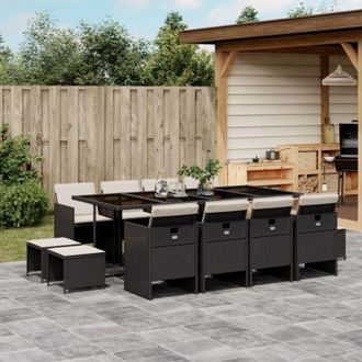 vidaXL Set Comedor De Jard&iacute;n Con Cojines 13 Pzas Rat&aacute;n Sint&eacute;tico Negro Vidaxl