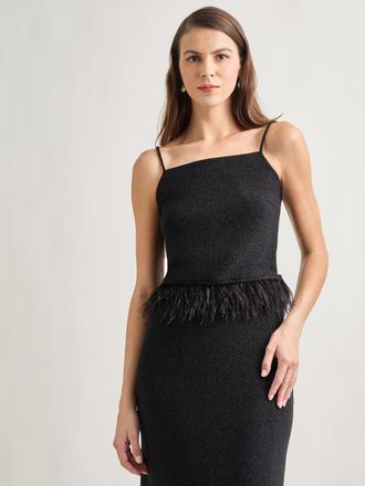 Misook Modern Fit Ostrich Feather Trim Stretch Woven Tank