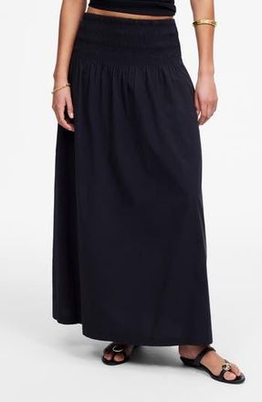 Madewell Smocked Waist Cotton Poplin Midi Skirt in Jet Black at Nordstrom Rack, Size X-Large