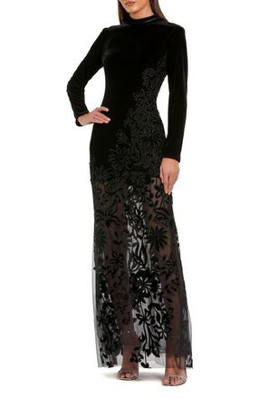 Mac Duggal Long Sleeve Sheer Floral Embroidered Velvet Gown in Black at Nordstrom, Size X-Small