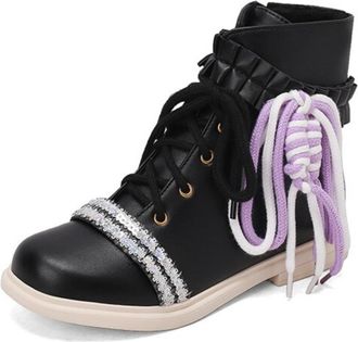 Generic Womens Retro Round Toe PU Leather Ankle Boots Ruffled Lace Up Sequin Detail Low Block Heels Soft Lining Cushioned Insole Durable Outsole,Black,5.5 UK