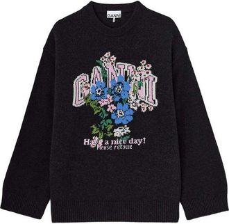 Ganni Graphic Wool Oversized Sweater Flowers