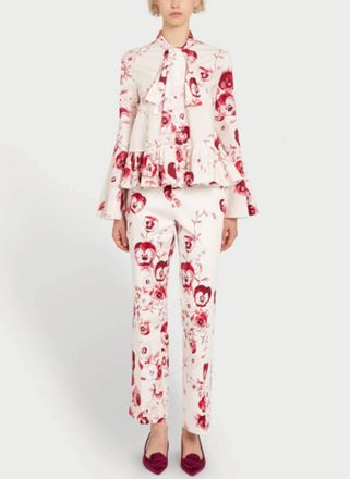 Giambattista Valli Ruby Pansies Poplin Long Sleeve Top In Ivory Multi