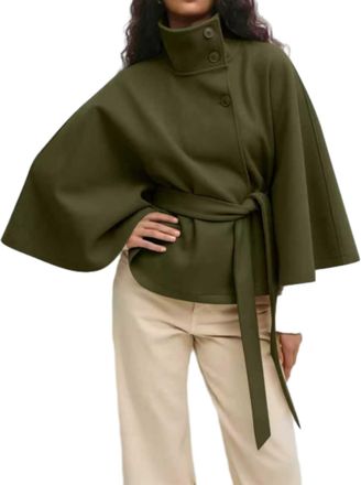 Generic Batwing Sleeve Poncho Pea Coat, White Cape Coat, Women Winter Outerwear Trendy Stand Belted Collar Overcoat (UK, Alpha, XL, Regular, Regular, Green)