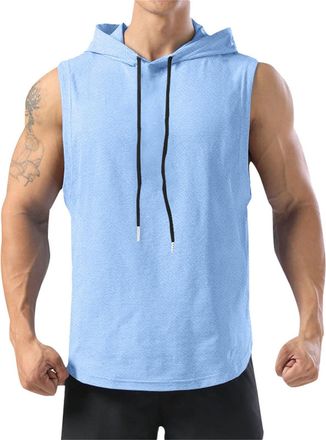 Generic Sleeveless Hoodies for Men Cotton Workout Gym Hooded Muscle Tank Tops Compression Fit Athletic Running Summer Casual Vest Blue