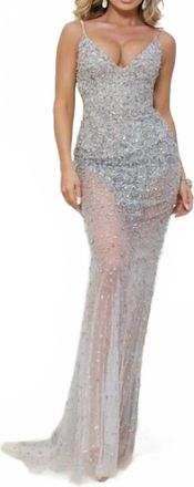 Terani Couture Plunging Neckline Bodycon Sleeveless Tulle Long Prom Dress In Grey