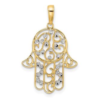 Diamond2Deal 14k Yellow Gold White Rhodium Diamond-Cut Fancy Hamsa Pendant